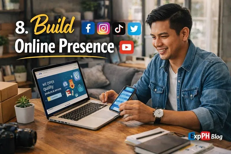 Filipino entrepreneur building online presence using laptop and smartphone with social media icons and ExpPH Blog logo