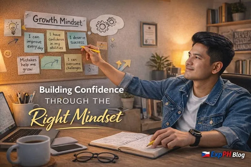 Filipino man in a home office pointing at a vision board with growth mindset notes and the text Building Confidence Through the Right Mindset with ExpPH Blog logo