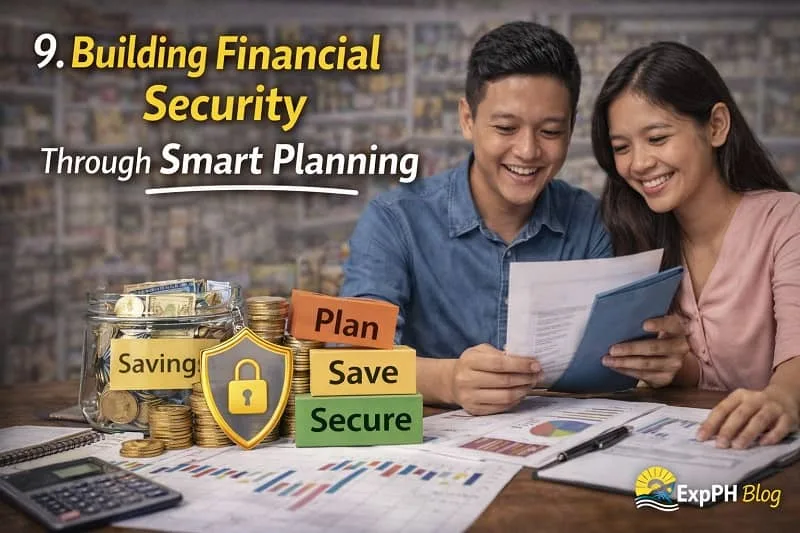 Filipino couple planning finances with savings jar, coins, and documents showing secure financial future
