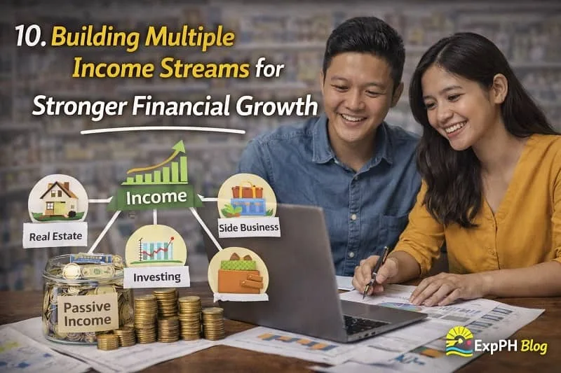 Filipino couple planning multiple income streams with laptop, savings jar, coins, and investment icons
