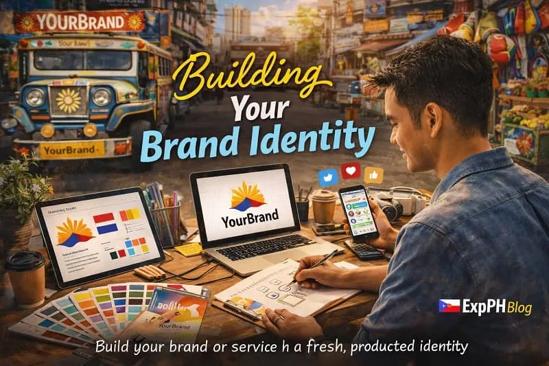 Filipino entrepreneur designing brand identity including logo, packaging, and color palette with ExpPH Blog logo