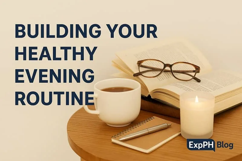 Evening routine setup with coffee, an open book, candle, notebook, and the ExpPH Blog logo.