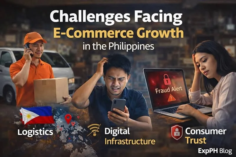 Filipino delivery rider, worried online shopper, and fraud alert screen illustrating challenges facing E-Commerce Growth in the Philippines