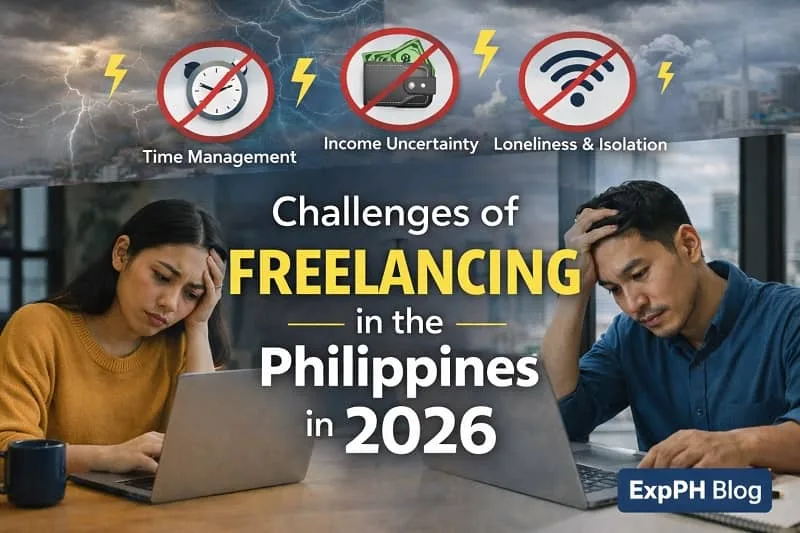 Filipino freelancers looking stressed while working on laptops, representing the challenges of freelancing in the Philippines
