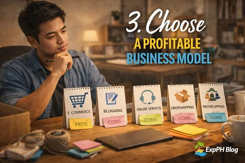 Filipino entrepreneur planning a profitable business model using laptop charts notes and strategy at home workspace with ExpPH Blog logo