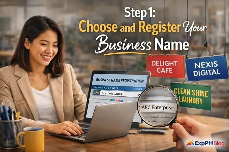 Filipino woman using a laptop to search and register a business name with business name checker, signage samples, and magnifying glass showing name selection