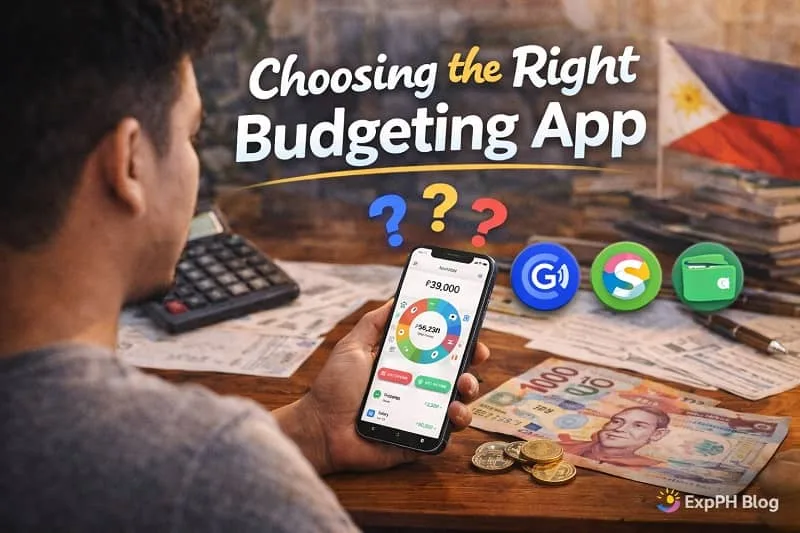 Filipino man choosing a budgeting app on a smartphone with Philippine peso bills and coins on a desk, featuring ExpPH Blog logo.