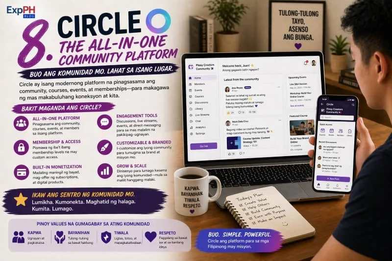 A Filipino creator managing a Circle community platform on a laptop and smartphone, showing organized discussions, memberships, and online engagement.