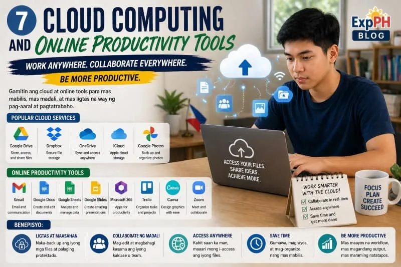 Filipino student using a laptop with cloud icons and tools like Google Drive, Dropbox, and Microsoft 365, showing cloud computing and productivity skills with ExpPH Blog logo