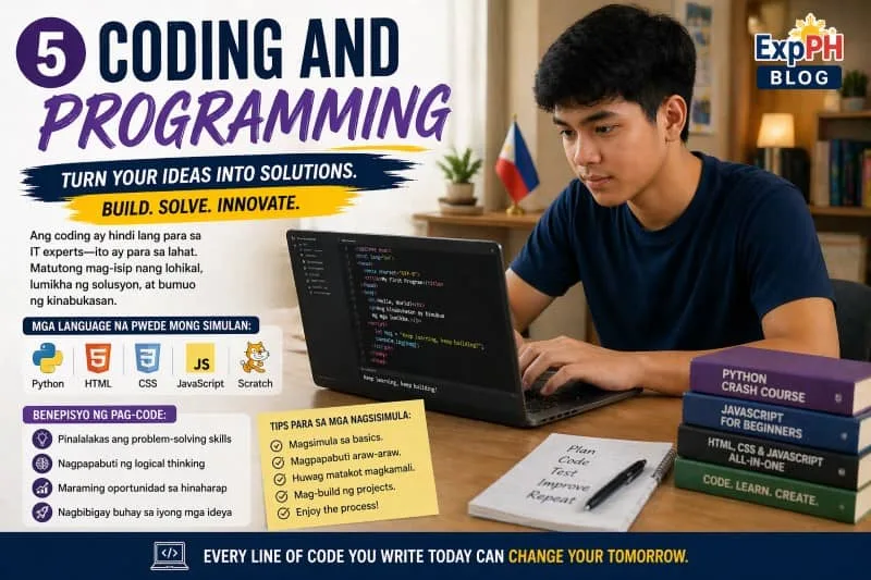 Filipino student coding on a laptop with Python, HTML, CSS, and JavaScript, showing programming skills with ExpPH Blog logo