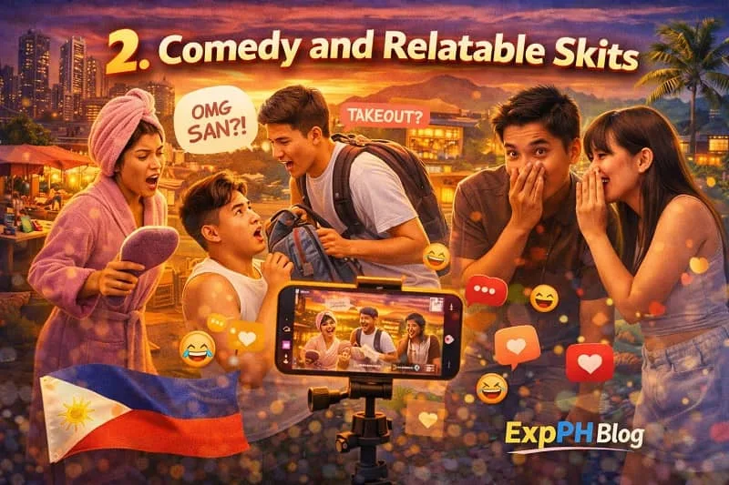 Filipino TikTok creators performing a funny and relatable comedy skit while recording with a smartphone, featuring the ExpPH Blog logo.