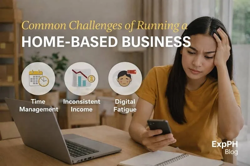 Filipino woman feeling stressed while managing a home-based business with a laptop and phone at a home workspace