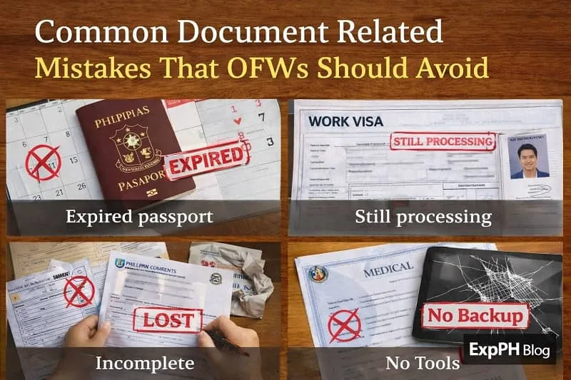Visual showing common OFW document mistakes including expired passport, incomplete papers, unapproved work visa, and missing document backups.