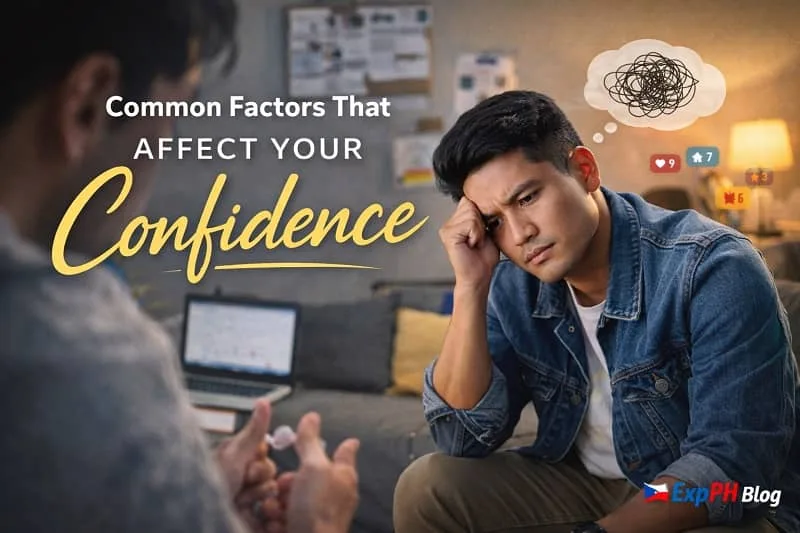 Filipino man sitting indoors looking stressed and thoughtful with the text Common Factors That Affect Your Confidence and ExpPH Blog logo visible