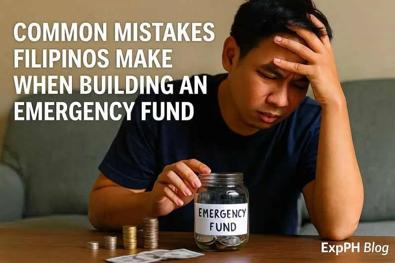 A stressed Filipino man sitting at a table with an emergency fund jar and coins while reviewing his savings.