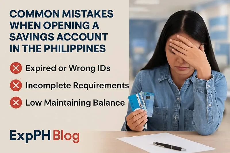 Filipina stressed while holding IDs beside a list of common mistakes when opening a savings account in the Philippines with ExpPH Blog logo.