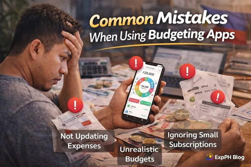 Filipino man reviewing budgeting app on smartphone with Philippine peso bills and warning icons, featuring ExpPH Blog logo.