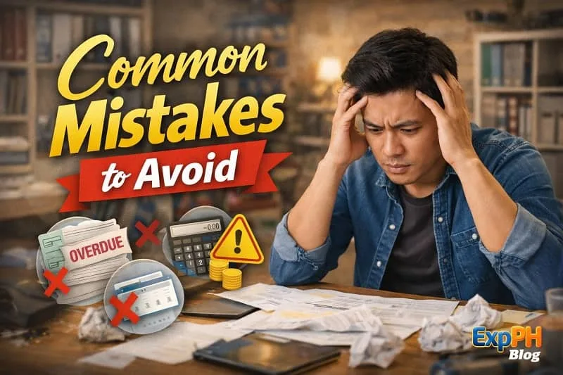 Filipino man feeling stressed while reviewing bills and financial documents, highlighting common money mistakes to avoid
