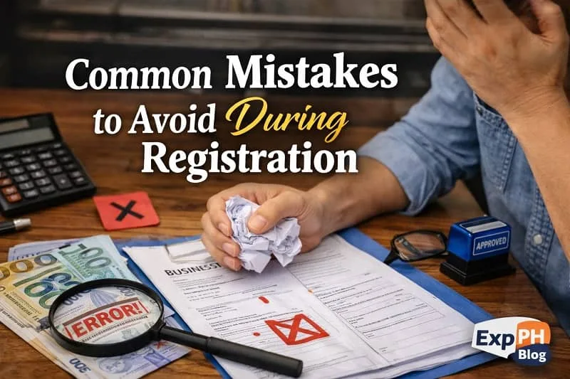 Filipino entrepreneur reviewing business registration papers with warning symbols, checklist, and office setup in the Philippines