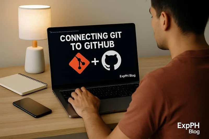 Man using a laptop to connect Git to GitHub, with Git and GitHub logos on the screen and ExpPH Blog branding.