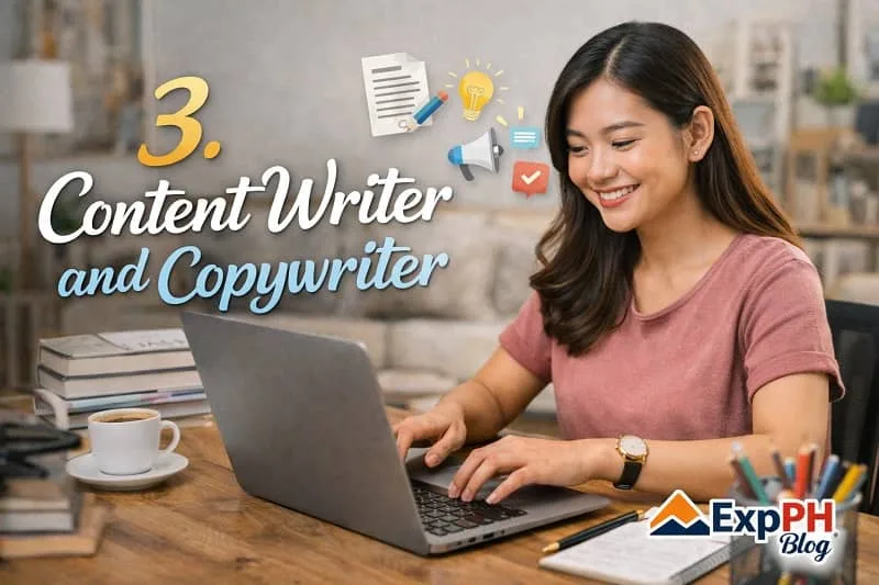 Filipina content writer working on a laptop with notes and coffee, representing content writing and copywriting jobs with ExpPH Blog logo