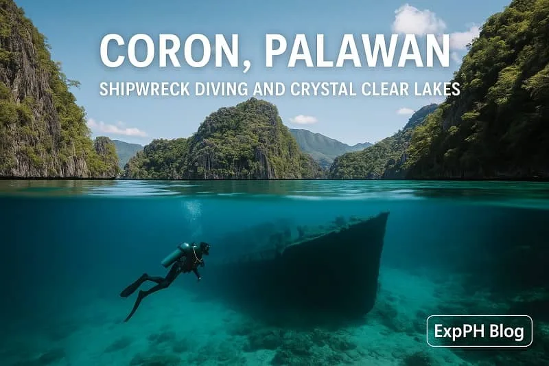Diver exploring a sunken shipwreck beneath crystal clear waters in Coron Palawan with limestone cliffs in the background.