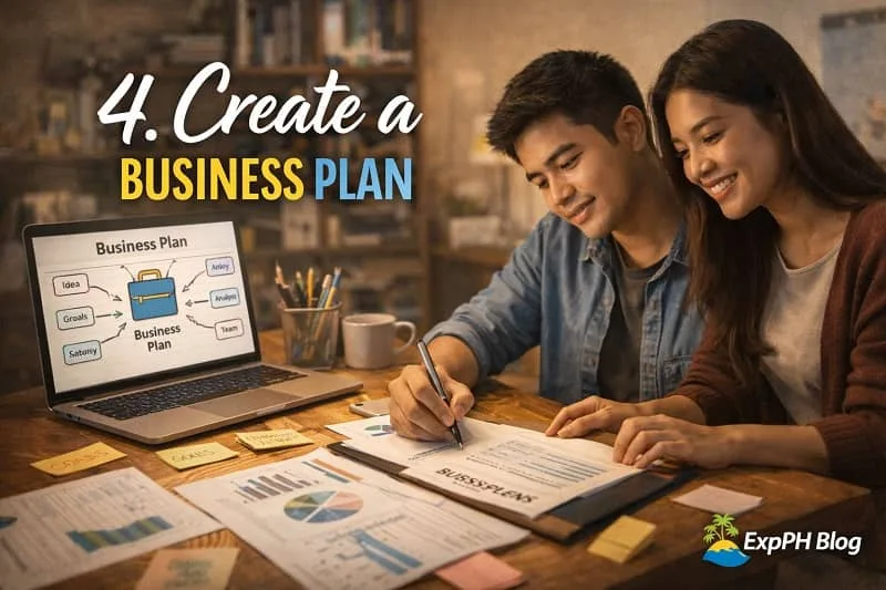 Filipino couple creating a business plan using laptop charts documents and notes at home workspace with ExpPH Blog logo