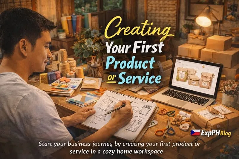 Filipino entrepreneur developing a first product and service, including crafting, planning, and preparing items for sale with ExpPH Blog logo
