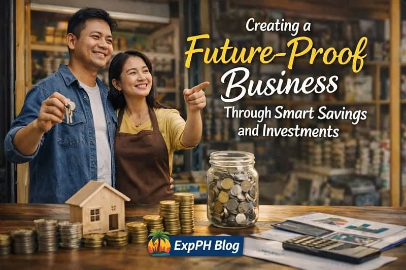 Filipino couple small business owners planning savings and investments with coins, calculator, and store background with ExpPH Blog logo