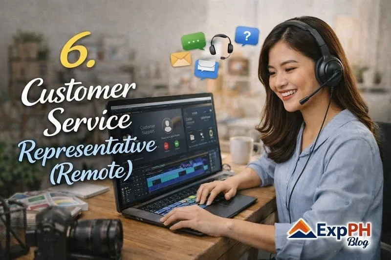 Filipina customer service representative wearing a headset while working on a laptop at home, representing remote customer support jobs with ExpPH Blog logo