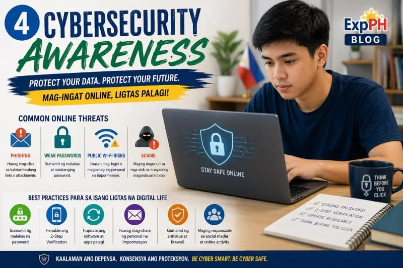Filipino student using a laptop with security icons like lock, shield, and password protection, showing cybersecurity awareness with ExpPH Blog logo