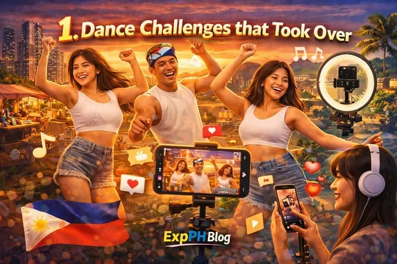 Filipino TikTok creators performing a dance challenge while recording a video with a smartphone and ring light, featuring the ExpPH Blog logo.