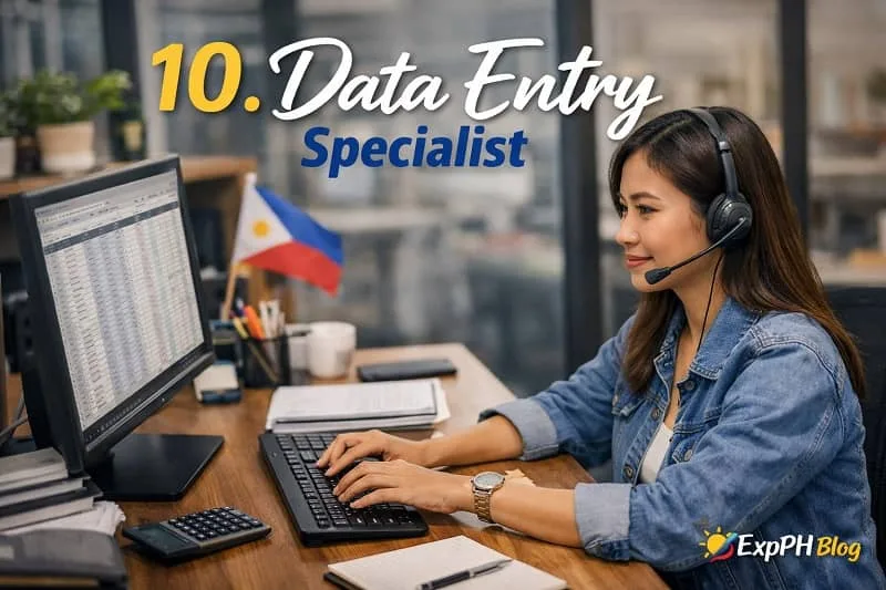 Filipina data entry specialist working on a computer with spreadsheet data, wearing a headset in a home office setup with ExpPH Blog logo