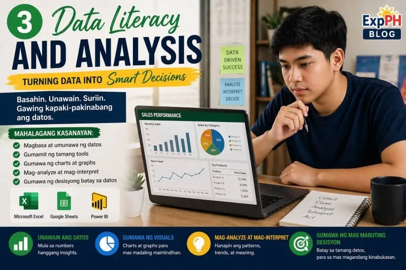 Filipino student analyzing charts and graphs on a laptop using Excel and data visualization tools, showing data literacy and analysis skills with ExpPH Blog logo