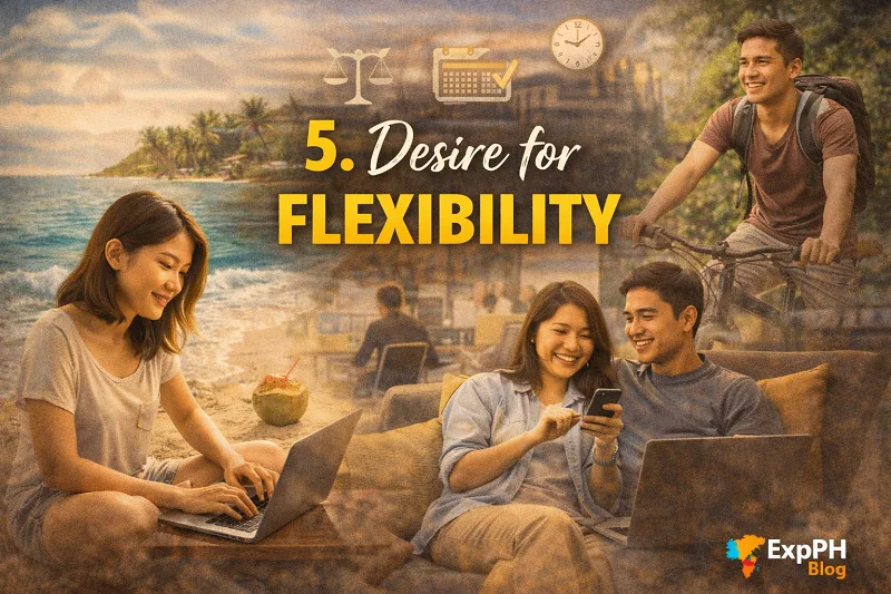 Filipino freelancers working remotely in different environments such as home, beach, and casual spaces, illustrating the desire for flexible work schedules, with the ExpPH Blog logo visible.