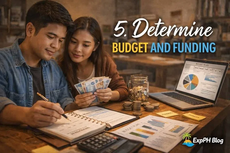 Filipino couple managing budget and funding using cash laptop calculator and financial documents at home workspace with ExpPH Blog logo