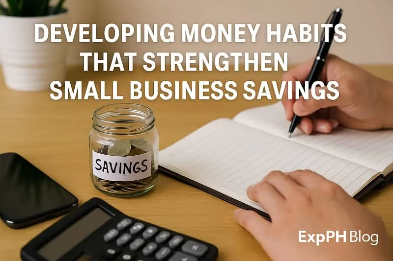 A small business owner writing in a notebook beside a savings jar, calculator, and smartphone, symbolizing strong money habits.