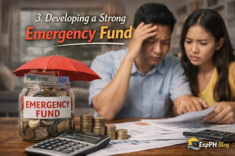 Filipino couple reviewing finances with emergency fund savings jar, coins, and calculator on table