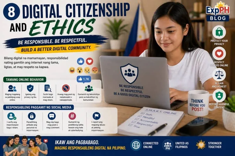 Filipino student using a laptop with icons showing privacy, respect, and responsible online behavior, representing digital citizenship and ethics with ExpPH Blog logo