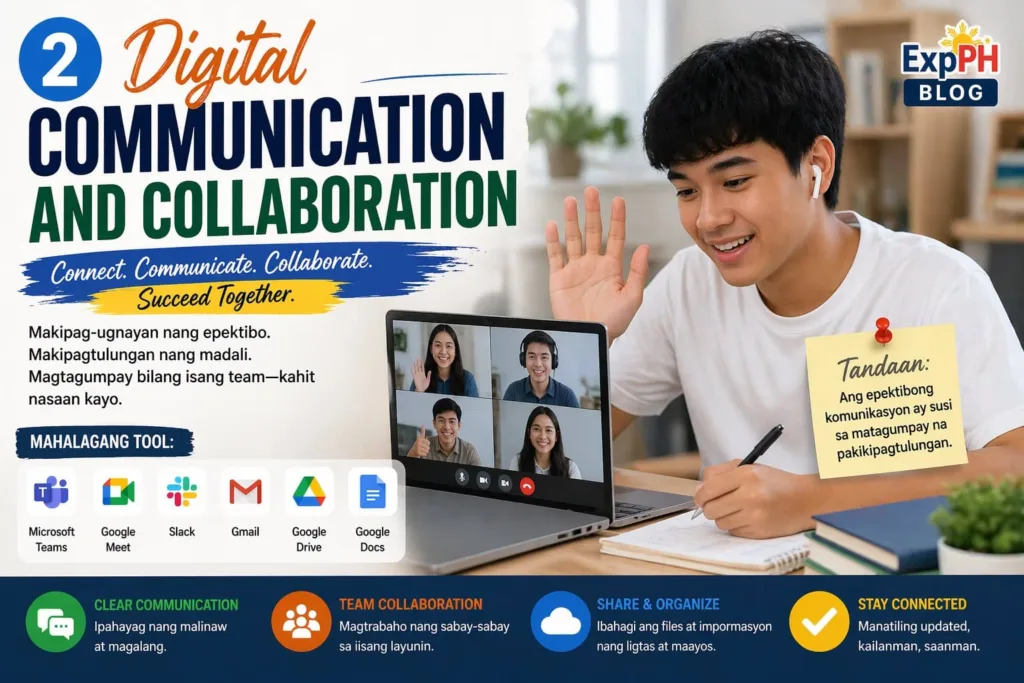 Filipino student attending an online video call using a laptop with Zoom, Google Meet, and Microsoft Teams, showing digital communication and collaboration with ExpPH Blog logo