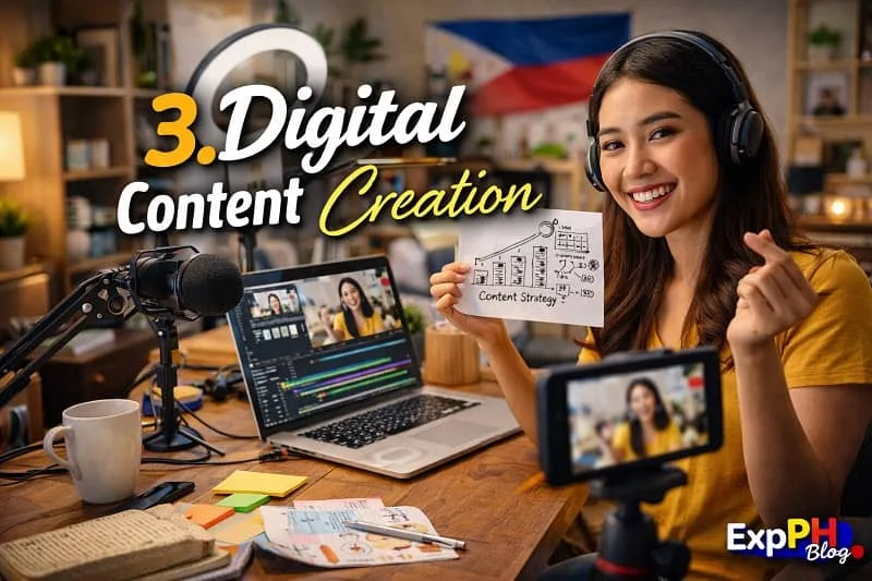 A realistic scene of a Filipino content creator using a laptop, camera, microphone, and smartphone with text “3. Digital Content Creation” and ExpPH Blog logo.