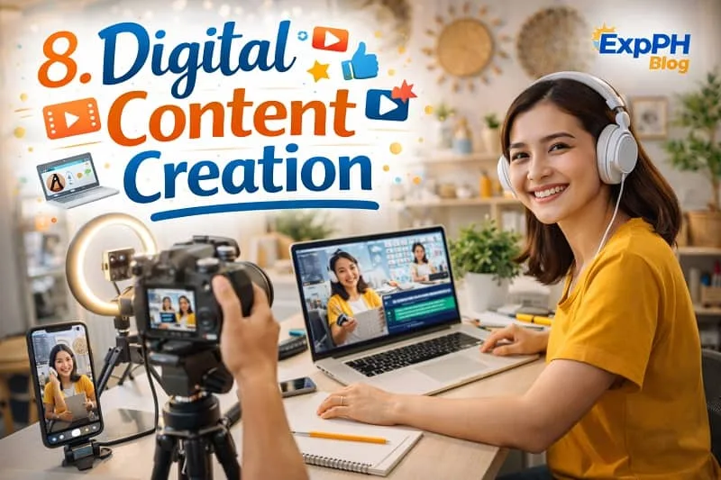 Filipina digital content creator recording video content using a camera and laptop in a home studio setup