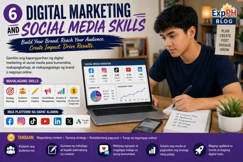 Filipino student managing social media on a laptop and smartphone with Facebook, TikTok, and Instagram icons, showing digital marketing skills with ExpPH Blog logo