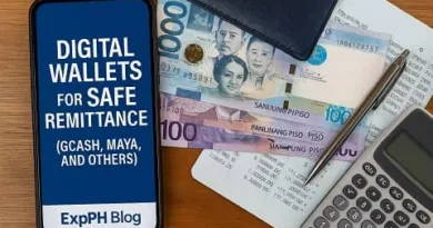 Smartphone with digital wallet text beside Philippine money and calculator