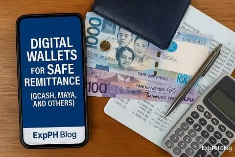 Smartphone with digital wallet text beside Philippine money and calculator