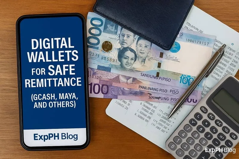 Safe Remittance Smartphone with digital wallet text beside Philippine money and calculator