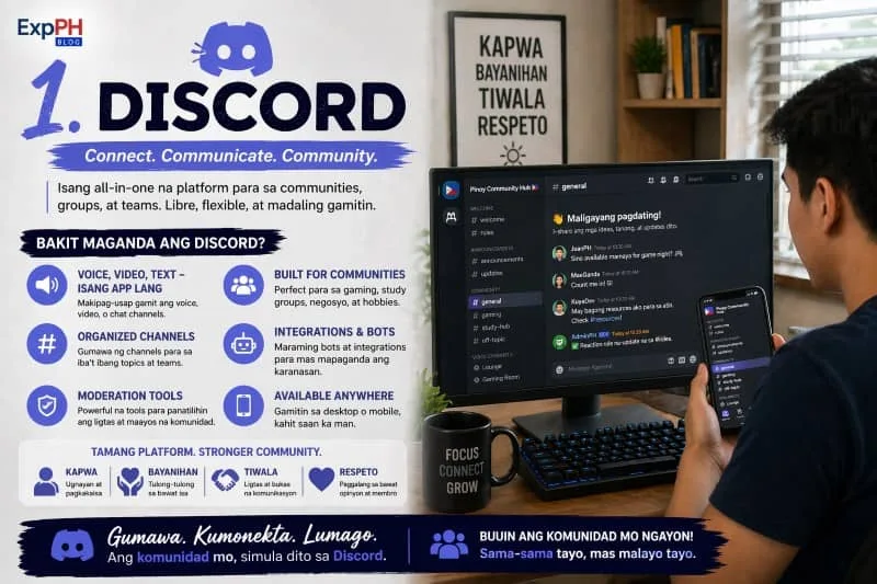 A Filipino user using Discord on a desktop and smartphone, showcasing chat channels and community interaction, with visual highlights of features like voice, video, and organized channels.