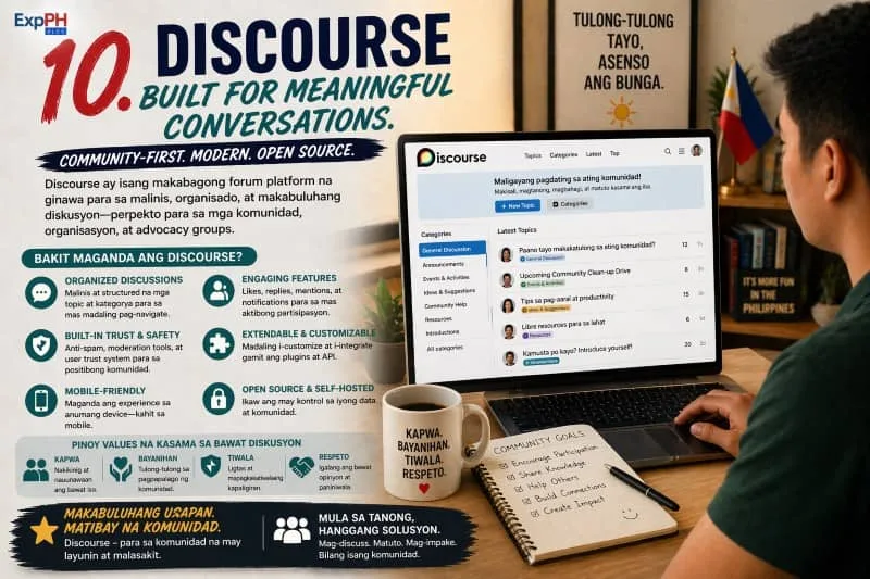A Filipino user engaging with a Discourse forum on a laptop, showing organized discussions, topics, and community conversations in a clean interface.
