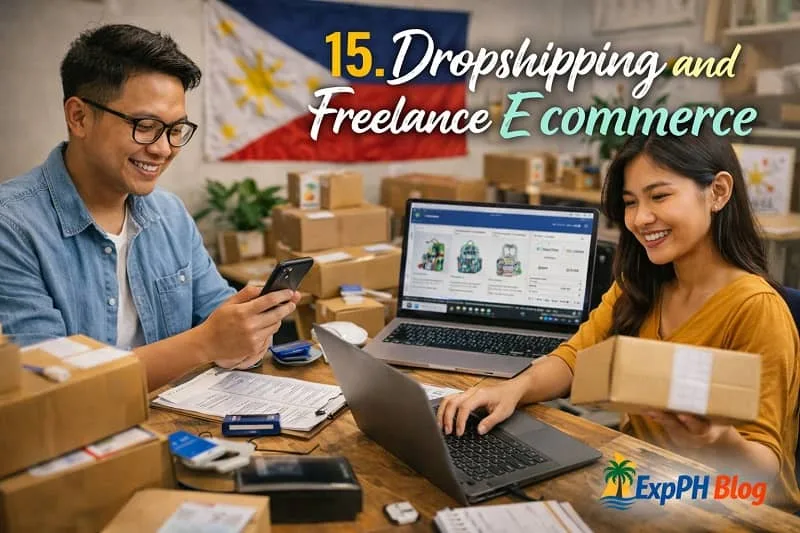 Filipino couple managing dropshipping and freelance e commerce business at home with laptop, packages, and ExpPH Blog logo