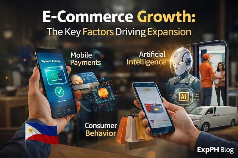 Filipino consumer using smartphone for mobile payments with AI technology and delivery services illustrating E-Commerce Growth in the Philippines